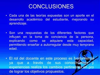 CONCLUSIONES
• Cada una de las teorías expuestas son un aporte en el
desarrollo académico del estudiante, mejorando su
aprendizaje.
• Son una respuestas de los diferentes factores que
influyen en la toma de conciencia de la persona,
explicando como se adquiere esta capacidad,
permitiendo enseñar a autorregular desde muy temprana
edad.
• El rol del docente en este proceso es fundamental
ya que a través de sus conocimientos y
experiencias realiza los cambios pertinentes en pro
de lograr los objetivos propuestos.
 