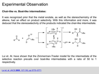 Experimental Observation
Lui et. al. JACS 2005, 127 (16), pp 5770–5771
Chair-like vs. Boat-like intermediates:
Lui et. Al. have shown that the Zimmerman-Traxler model for the intermediate of the
selective reaction prevails over boat-like intermediates with a ratio of 50 to 1
respectively.
It was recognized prior that the metal enolate, as well as the stereochemistry of the
alkene, had an effect on product selectivity. With this information and more, it was
deduced that the stereoselectivity of the products indicated the chair-like intermediate.
 
