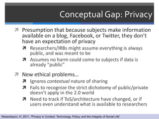 Conceptual Gap: Privacy
           Presumption that because subjects make information
                available on a blog, Facebook, or Twitter, they don’t
                have an expectation of privacy
                 Researchers/IRBs might assume everything is always
                  public, and was meant to be
                 Assumes no harm could come to subjects if data is
                  already “public”
           New ethical problems…
             Ignores contextual nature of sharing
             Fails to recognize the strict dichotomy of public/private
              doesn’t apply in the 2.0 world
             Need to track if ToS/architecture have changed, or if
              users even understand what is available to researchers

Nissenbaum, H. 2011. “Privacy in Context: Technology, Policy, and the Integrity of Social Life”
 
