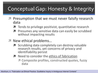 Conceptual Gap: Honesty & Integrity
          Presumption that we must never falsify research
               data
                Tends to privilege positivist, quantitative research
                Presumes any sensitive data can easily be scrubbed
                     without impacting results
          New ethical problems…
            Scrubbing data completely can destroy valuable
             research results, yet concerns of privacy and
             identifiability persist
            Need to consider the ethics of fabrication
              Composite profiles, constructed quotes, fuzzy
                data

Markham, A. “Fabrication as Ethical Practice: Qualitative Inquiry in Ambiguous Internet Contexts”
 