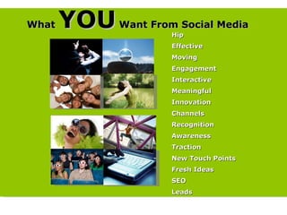 Hip Effective Moving Engagement Interactive Meaningful Innovation Channels Recognition Awareness Traction New Touch Points Fresh Ideas SEO Leads  What  YOU  Want From Social Media 