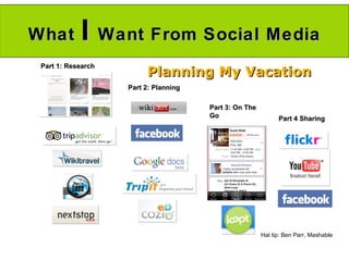 Planning My Vacation What  I  Want From Social Media Part 1: Research Part 2: Planning Part 3: On The Go Part 4 Sharing Hat tip: Ben Parr, Mashable 