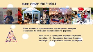НАШОПЫТ2013-2014 
НашакомандаорганизовалапроведениечетырехсемейныхФестивалейевропейскогоформата: май’13’14 –ПраздникПервойКлубникиоктябрь’13–ПраздникЦветныхЗонтовдекабрь’13 –ПраздникТысячиПодарков  
