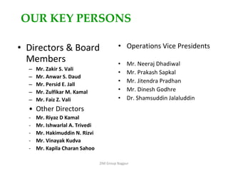 OUR KEY PERSONS Directors & Board Members Mr. Zakir S. Vali Mr. Anwar S. Daud Mr. Persid E. Jall Mr. Zulfikar M. Kamal Mr. Faiz Z. Vali Other Directors Mr. Riyaz D Kamal Mr. Ishwarlal A. Trivedi Mr. Hakimuddin N. Rizvi Mr. Vinayak Kudva Mr. Kapila Charan Sahoo Operations Vice Presidents Mr. Neeraj Dhadiwal Mr. Prakash Sapkal Mr. Jitendra Pradhan Mr. Dinesh Godhre Dr. Shamsuddin Jalaluddin ZIM Group Nagpur 