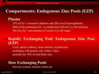 B io l o g ic a l F u n c t io n o f Z in c




       Compartments: Endogenous Zinc Pools (EZP)
           Plasma
                      75% of Zn2+ is bound to albumin and 20% to α2-macroglobulin.
                      Most of the remaining Zn2+ is complexed to His & Cys rich proteins.
                      The free Zn2+ concentration of serum is in nM range.

           Rapidly Exchanging Pool/ Endogenous Zinc Pool
            (EZP)
                      Liver, spleen, kidneys, bone marrow, erythrocytes
                      exchanges with plasma zinc within 3 days
                      accounts for 10% of total body zinc

           Slow Exchanging Pools
                      Nervous system, muscles, bones etc
Ju n e 2 6 , 2 0 1 2                                   T o t a l s l id e s : 7 8            22
 