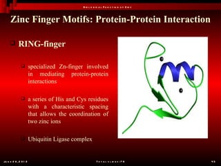 B io l o g ic a l F u n c t io n o f Z in c



     Zinc Finger Motifs: Protein-Protein Interaction

           RING-finger

                      specialized Zn-finger involved
                       in mediating protein-protein
                       interactions

                      a series of His and Cys residues
                       with a characteristic spacing
                       that allows the coordination of
                       two zinc ions

                      Ubiquitin Ligase complex


Ju n e 2 6 , 2 0 1 2                                    T o t a l s l id e s : 7 8         45
 