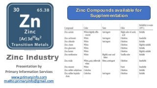 Presentation by
Primary Information Services
www.primaryinfo.com
mailto:primaryinfo@gmail.com
Zinc Compounds available for
Supplementation
 