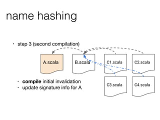 name hashing
• step 3 (second compilation)
• compile initial invalidation

• update signature info for A
A.scala B.scala C...