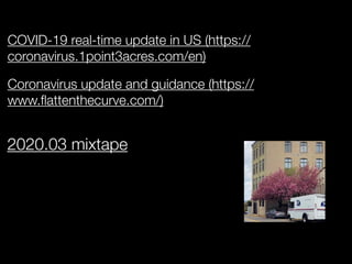 2020.03 mixtape
COVID-19 real-time update in US (https://
coronavirus.1point3acres.com/en)
Coronavirus update and guidance...