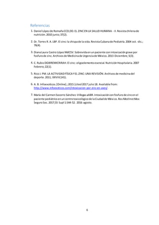 6
Referencias
1. Daniel Lópezde RomañaCCD,DD.EL ZINCEN LA SALUD HUMANA - II.Revistachilenade
nutrición.2010 junio;37(2).
2. Dr. Torres R. A.LBP. El zinc:la chispade la vida.RevistaCubanade Pediatría.2004 oct.-dic.;
76(4).
3. DianaLaura Castro LópezMdCSV.Sobrevidaenunpaciente conintoxicacióngrave por
fosfurode zinc.Archivosde Medicinade Urgenciade México.2013 Diciembre;5(3).
4. C. RubioDGWREMICRIRAH.El zinc: oligoelementoesencial.NutriciónHospitalaria.2007
Febrero;22(1).
5. Rico J.PM. LA ACTIVIDADFÍSICA YEL ZINC:UNA REVISIÓN.Archivosde medicinadel
deporte.2011; XXVIII(141).
6. A. B. Infoexoticos.[Online].;2015 [cited2017 julio18. Available from:
http://www.infoexoticos.com/intoxicacion-por-zinc-en-aves/.
7. María del CarmenSocorro Sánchez-VillegasaABR.Intoxicaciónconfosfurode zincenel
paciente pediátricoenuncentrotoxicológicode laCiudadde México.RevMedInstMex
SeguroSoc. 2017;55 Supl 1:S44-52. 2016 agosto.
 