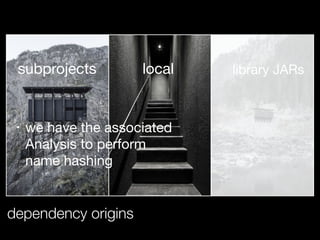 dependency origins
subprojects local library JARs
• we have the associated
Analysis to perform  
name hashing
 