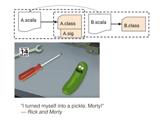 A.scala
A.class B.scala
B.class
A.sig
"I turned myself into a pickle, Morty!"
— Rick and Morty
 