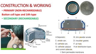 CONSTRUCTION & WORKING
• PRIMARY (NON-RECHARGEABLE)
Button cell type and 1Ah type
• SECONDARY (RECHARGEABLE)
 
