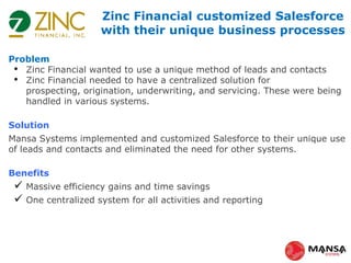 Problem
• Zinc Financial wanted to use a unique method of leads and contacts
• Zinc Financial needed to have a centralized solution for prospecting,
origination, underwriting, and servicing. These were being handled in
various systems.
Solution
Mansa Systems implemented and customized Salesforce to their unique use
of leads and contacts and eliminated the need for other systems.
Benefits
 Massive efficiecny gains and time savings
 One centralized system for all activities and reporting
Zinc Financial customized Salesforce
with their unique business processes
 