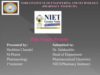 Presented by:
Shobhini Chandel
M.Pharm
Pharmacology
1stsemester
Submitted to:
Dr. Salahuddin
Head of Department
Pharmaceutical Chemistry
NIET(Pharmacy Institute)
Zinc Finger Protein
 