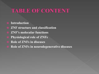  Introduction
 ZNF structure and classification
 ZNF’s molecular functions
 Physiological role of ZNFs
 Role of ZNFs in diseases
 Role of ZNFs in neurodegenerative diseases
 
