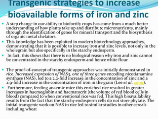 Transgenic strategies to increase
bioavailable forms of iron and zinc
 A step change in our ability to biofortify crops has come from a much better
understanding of how plants take up and distribute micronutrients, mainly
through the identification of genes for mineral transport and the biosynthesis
of organic metal chelators.
 This knowledge has been exploited in modern biotechnology approaches,
demonstrating that it is possible to increase iron and zinc levels, not only in the
wholegrain but also specifically in the starchy endosperm.
 In fact, this shows that there is no biological reason why iron and zinc cannot
be concentrated in the starchy endosperm and hence white flour
 The proof‐of‐concept of transgenic approaches was initially demonstrated in
rice. Increased expression of NAS3, one of three genes encoding nicotianamine
synthase (NAS), led to a 2.2‐fold increase in the concentration of zinc and a
2.9‐fold increase in the concentration of iron in the grain (Lee et al. 2009).
 Furthermore, feeding anaemic mice this enriched rice resulted in greater
increases in haemoglobin and haematocrit (the volume of red blood cells in
blood) compared to when conventional rice was fed. This high bioavailability
results from the fact that the starchy endosperm cells do not store phytate. The
initial transgenic work on NAS in rice led to similar studies in other cereals
including wheat
 
