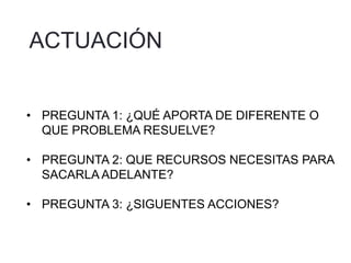 ACTUACIÓN
• PREGUNTA 1: ¿QUÉ APORTA DE DIFERENTE O
QUE PROBLEMA RESUELVE?
• PREGUNTA 2: QUE RECURSOS NECESITAS PARA
SACARLA ADELANTE?
• PREGUNTA 3: ¿SIGUENTES ACCIONES?
 