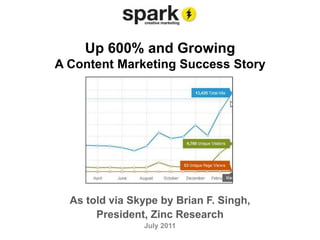 Up 600% and GrowingA Content Marketing Success Story,[object Object],As told via Skype by Brian F. Singh, ,[object Object],President, Zinc Research,[object Object],July 2011,[object Object]