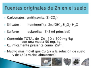    Carbonatos: smithsonita (ZnCO3)

   Silicatos:   hemimorfita Zn4(OH)2 Si2O2. H2O

   Sulfuros     esfarelita ZnS (el...