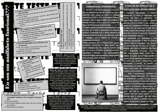 A) Não consegue extrair as informações e nem tirar uma conclusão do




                                                                                                                         C) Compreende e extrai todas as informações essenciais tendo assim
                                                                                                                         B) Consegue extrair apenas informações difusas do texto, com uma
                                                                                                                                                                                                                                                                  O QUE HÁ DE ERRADO NA E-
Eu sou um analfabeto funcional???                   rgume     ntar o s
                                                                         eu pont
                                                                                    o de v ista sob
                                                                                                     re deter
                                                                                                                mi-

                                                                                                                rmu-
                                                                                                                                                                                                       COMUNIDADE ORGANIZADA
                                                                                                                                                                                                       Em meio a toda essa problemática, há aqueles             DUCAÇÃO DOS BRASILEIROS?
                                          stuma a                                                     nsigo fo
                                    3. Co                                               ue n unca co
                                                  uação?                      ião, já q                                                                                                          que se cansaram de apenas assistir ao caos e                         Segundo            especialistas,      o   sistema
                                        nada sit                 inha opin                                         os-
                                                    o expor
                                                                m                                        ntrário p
                                     A) Prefiro nã                                        unto, caso co                                                                                          preferiram    criar   meios   de   aliviar   a   condição      educacional no Brasil é superficial. Nos
                                                   idéia.                       m o ass
                                         lar uma                    muito be                                         r                                                                           desfavorável. Como o caso da Educadora Elizabeth
                                                       conheço                                               aprende                                                                                                                                            últimos      25      anos,        o    aprendizado      foi
                                      B) Só  quando               argum    entar.            os a qui para
                                                       nseguir                     o, estam                                                                                                      Cury, que criou o projeto UNIMEL (Universidade na              fragmentado, levando o aluno a somente
                                          s o não co             min   ha opiniã
                                                     exponho                                                                                                                                     Melhoria da Escrita e da Leitura), no campus São
                                       C) Sempre                                                                                                                                                                                                                aprender a ler e a escrever e não o ensina a
                                           sempre.                                                                                                                                               Miguel da Universidade Cruzeiro do Sul.                        utilizar com competência a leitura e a escrita,
                                                                                                     c ê:
                                                                                           ticas, vo
                                                                        r aç õ e s aritmé                                                                                                        A iniciativa atende um público diversificado que vai           ou seja, cria um aluno que lê, mas não é
                                                            o às o p e
                                                m relaçã




                                                                                                                             noção básica da conclusão.
                                                                               uma.                     ã o,
                                           6. E                   n d e n en h                mo: adiç




                                                                                                                         7. Em um texto longo, você:
                                                                                                                                                                                                 do aluno de 5º série a graduandos. O programa                  letrado, porque não consegue aplicar no seu
                                            A) N ã o  compree              s as b  ásicas co
                                                              d e a pe na               isão.                                                                                                    incentiva à expressão oral, à leitura adequada às
                                                 ompreen                    ção e div                       ál-                                                                                                                                                 dia a dia o que leu. O aluno não é preparado
                                            B) C                multiplica                       ge n s e c




                                                                                                                             uma boa conclusão.
                                                subtr  a ç ã o,                  ulas , porcenta                                                                                                 diferentes situações da fala e aos diferentes níveis           para compreender o que lê.
                                                                  r com fórm
                                             C) C o  nsigo lida            xos.                                                                                                                  de linguagem, com o objetivo de diminuir o
                                                              is comple                                                                                                                                                                                         São necessárias uma reavaliação e uma
                                                 culos ma
                                                                                                                                                                                                 analfabetismo funcional.                                       revolução educacionais. A falta de políticas




                                                                                                                             mesmo.
                                                                                r com
                                     2. Você tem     dificuldade de se comunica                                                                                                                  Também, podemos citar o programa criado pelo de-               públicas sérias é condenável, uma situação
                                         as pessoas?                                                                                                                                             partamento Educacional da BSGI (Brasil Soka                    que parece que gira em torno de si mesma.
                                                                    do, porque tenho
                                     A) Sim, fico inseguro e acanha                                                                                                                              Gakkai Internacional), “Na magia da Leitura”. Por
                                                                      ido.                                                                                                                                                                                      Vejamos pelo caso do Estado de São Paulo
                                         medo de não ser compreend
                                                                                                                                                                                                 meio de encontros semanais, os participantes lêem,
                                     B) Depende do assunto                                                                                                                                                                                                      com a Progressão Continuada, criada em
                                                                  es de me comunicar
                                     C) Não, não tenho dificuldad                                                                                                                                 interpretam e discutem o que compreenderam                    1997, pelo governo Mário Covas, com o
                                                                                                                Maioria C - Nível 3, também                                                       utilizando grandes obras brasileiras, estabelecendo,          objetivo de acabar com a evasão escolar. O
                                                                                                               conhecido como alfabetização
                                                                          epra-                              plena, concebe aqueles que detêm                                                     assim, a função social da leitura.                            sistema de não repetência dos alunos de 1º a
                                                                    ito d
                                                             o háb                                            pleno domínio da leitura, escrita,
                                                       tem      ra?           nho
                                                                                                                                                                                                                                                                8º   série      do       ensino       fundamental,     vem
                                             .V  oc ê      leitu ábito, te
                                                                                                               dos números e das operações
                                            5         ra                                                     matemáticas (das mais básicas às                                                                                                                   perpetuando          a    entrega      do    diploma    ao
                                                  tica tive o h
                                                     nca          .              me                                   mais complexas).
                                              A ) Nu uldades sempre r a                                                                                                                                                                                         despreparado, ao cidadão que conclui o grau
                                                    dific er, mas o que le
                                                             l          h                                                                                                                                                                                       médio, muitas vezes, sem conseguir escrever
                                                      ento         Ten           ve-
                                                B) T nfundo. a várias                               Maioria B - Nível 2, também conhecido
                                                      co             is                                                                                                                                                                                         o próprio nome corretamente.
                                                               a co                     .             como alfabetização básica, concebe
                                                        m e sm                     ente
                                                                            ra dam                 aqueles que conseguem ler textos curtos,                                                                                                                             Para a ex-professora substituta em
                                                         zes. io mode                               mas só conseguem extrair informações
                                                           im, le                                                                                                                                                                                               Biologia, Rafaela Quintanilha, falta interesse
                                                                                                   esparsas no texto e não conseguem tirar
                                                     C) S
                                                                                                    uma conclusão a respeito do mesmo; e                                                                                                                        dos professores e alunos: “O que deveria
                                                                                                    também conseguem entender números
                                                                                                                                                                                                                                                                servir como incentivo ao aluno para continuar
                                                                          dade?                         grandes, conseguem realizar as
                                                            l de escolari
                                        1 . Qual o seu níve                                        operações aritméticas básicas, entretanto                                                                                                                    estudando e ao professor para acompanhá-lo
                                                       dei
                                        A) Nunca estu              os
                                                                                                     sentem dificuldades quando é exigida
                                                                                                                                                                                                                                                                e ajudá-lo a prosseguir desenvolvendo seu
                                                      anos ou men                                    uma maior quantidade de cálculos, ou
                                        B) Estudei 4                    rau
                                                           menos o 1º g                                em operações matemáticas mais                                                                                                                            conhecimento, tornou-se um escudo para o
                                         C)  Terminei pelo
                                                                                                                  complexas
                                                                                                                                                                                                                                                                aluno     que     não      se     esforça,    justificando
                                                                                                                                                                                                                                                                "passarei de ano assim mesmo", e uma
 4. Houve situações que você leu um texto/
                                                                                                  Maioria A- Nível 1, também conhecido                                                                                                                          desculpa para o professor que não busca
     reportagem/ citações e não conseguiu compreen-                                              como alfabetização rudimentar, concebe
     der?                                                                                                                                                                                                                                                       melhorias na didática e justifica "este aluno
                                                                                                  aqueles que apenas conseguem ler e
 A) Sempre acontece.                                                                              compreender títulos de textos e frases                                                                                                                        passará de ano mesmo", declara a bióloga.
 B) Já aconteceu algumas vezes, mas li de novo e conse-                                           curtas; e apesar de saber contar, têm
     gui entender.                                                                                 dificuldades com a compreensão de
                                                                                                                                                                                               Você sabia? - apenas 17 milhões de pessoas no Brasil compraram ao menos um livro no último ano, 10% da popula-
 C) Dificilmente isso acontece.                                                                       números grandes e em fazer as                                                            ção. A média de leitura por habitante é de 1,8, contra 7 da França, 5,1 dos Estados Unidos, 5 da Itália e 4,9 da In-
                                                                                                      operações aritméticas básicas.                                                               glaterra. Em todas as nações desenvolvidas, metade da população é razoavelmente letrada, o que tem
                                                                                                                                                                                                                                            favorecido o progresso.
 