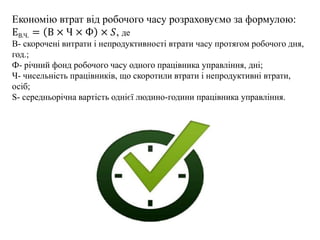 Економію втрат від робочого часу розраховуємо за формулою:
ЕВ.Ч. = В × Ч × Ф × 𝑆, де
В- скорочені витрати і непродуктивності втрати часу протягом робочого дня,
год.;
Ф- річний фонд робочого часу одного працівника управління, дні;
Ч- чисельність працівників, що скоротили втрати і непродуктивні втрати,
осіб;
S- середньорічна вартість однієї людино-години працівника управління.
 