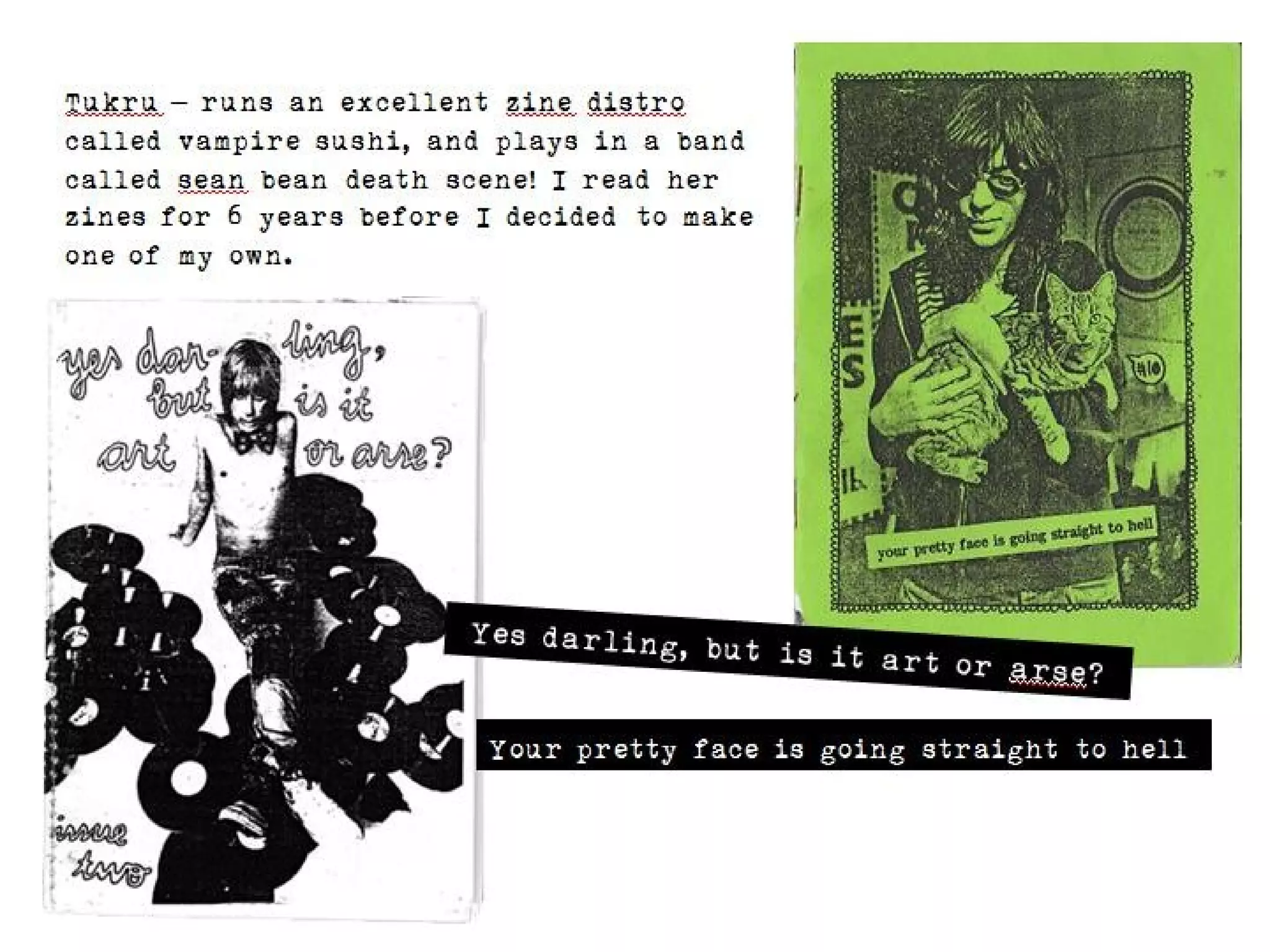 Tukru – runs an excellent zine distro called
vampire sushi, and plays in a band called sean
bean death scene! I read her zines for 6 years
before I decided to make one of my own.




                                Yes darling, but is
                                                      it art or arse?

                                   Your pretty face is going straight to hell
 