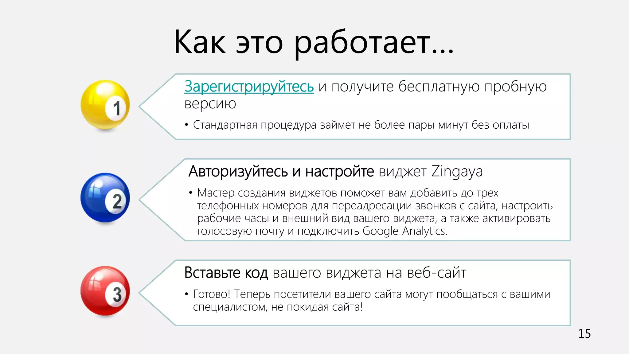 Как это работает…
Зарегистрируйтесь и получите бесплатную пробную
версию
• Стандартная процедура займет не более пары минут без оплаты



Авторизуйтесь и настройте виджет Zingaya
• Мастер создания виджетов поможет вам добавить до трех
  телефонных номеров для переадресации звонков с сайта, настроить
  рабочие часы и внешний вид вашего виджета, а также активировать
  голосовую почту и подключить Google Analytics.


Вставьте код вашего виджета на веб-сайт
• Готово! Теперь посетители вашего сайта могут пообщаться с вашими
  специалистом, не покидая сайта!

                                                                     15
 