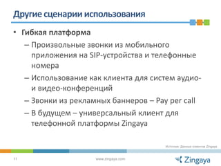 Другие сценарии использования
• Гибкая платформа
   – Произвольные звонки из мобильного
     приложения на SIP-устройства и телефонные
     номера
   – Использование как клиента для систем аудио-
     и видео-конференций
   – Звонки из рекламных баннеров – Pay per call
   – В будущем – универсальный клиент для
     телефонной платформы Zingaya

                                       Источник: Данные клиентов Zingaya



11                   www.zingaya.com
 