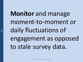 Monitor and manage 
moment-to-moment or 
daily fluctuations of 
engagement as opposed 
to stale survey data. 
David Zinger...