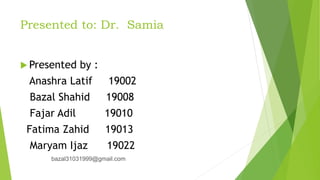 Presented to: Dr. Samia
 Presented by :
Anashra Latif 19002
Bazal Shahid 19008
Fajar Adil 19010
Fatima Zahid 19013
Maryam Ijaz 19022
bazal31031999@gmail.com
 