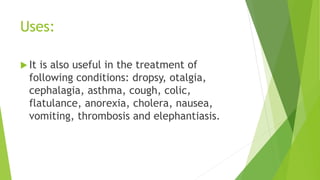 Uses:
 It is also useful in the treatment of
following conditions: dropsy, otalgia,
cephalagia, asthma, cough, colic,
flatulance, anorexia, cholera, nausea,
vomiting, thrombosis and elephantiasis.
 