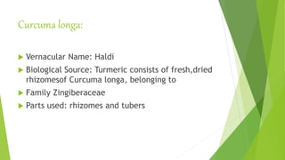 Curcuma longa:
 Vernacular Name: Haldi
 Biological Source: Turmeric consists of fresh,dried
rhizomesof Curcuma longa, belonging to
 Family Zingiberaceae
 Parts used: rhizomes and tubers
 