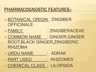 PHARMACOGNOSTIC FEATURES:-
 BOTANICAL ORIGIN : ZINGIBER
OFFICINALE
 FAMILY : ZINGIBERACEAE
 COMMON NAME : GINGER,GINGER
ROOT,BLACK GINGER,ZINGIBERIC
RHIZOMA
 URDU NAME : ADRAK
 PART USED : RHIZOMES
 CHEMICAL CLASS : LILOPSIDA
 