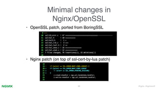 #nginx #nginxconf
Minimal changes in
Nginx/OpenSSL
• OpenSSL patch, ported from BoringSSL 
• Nginx patch (on top of ssl-cert-by-lua patch)
36
 