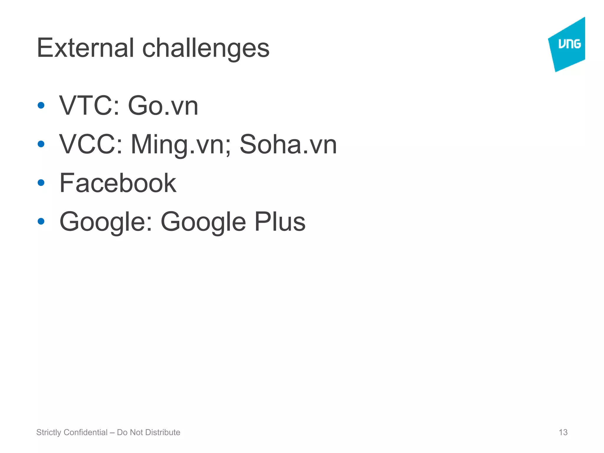 External challengesVTC: Go.vnVCC: Ming.vn; Soha.vnFacebookGoogle: Google PlusStrictly Confidential – Do Not Distribute13