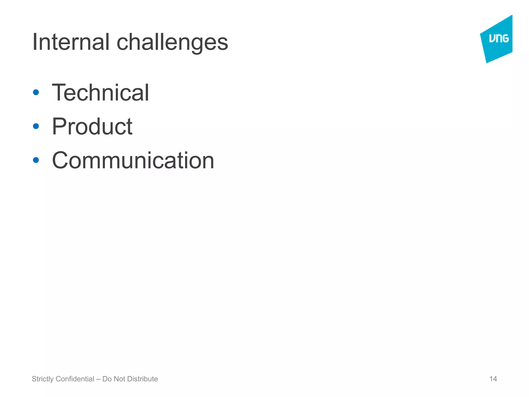 Internal challengesTechnicalProductCommunicationStrictly Confidential – Do Not Distribute14