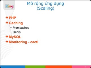 M? r?ng ?ng d?ng
                (Scaling)

? PHP
? Caching
  C Memcached
  C Redis
? MySQL
? Monitoring   - cacti




                               11
 