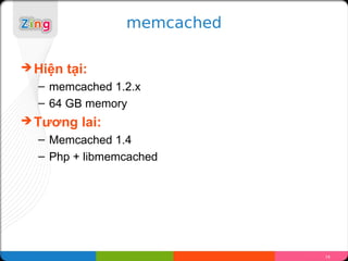 memcached

? Hi?n   t?i:
  C memcached 1.2.x
  C 64 GB memory
? T??ng    lai:
  C Memcached 1.4
  C Php + libmemcached




                              14
 