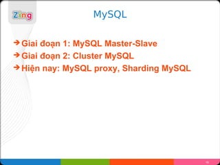 MySQL

? Giai ?o?n 1: MySQL Master-Slave
? Giai ?o?n 2: Cluster MySQL
? Hi?n nay: MySQL proxy, Sharding MySQL




                                          16
 