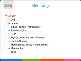 N?n t?ng

? LAMP
  C   LVS
  C   Lustre
  C   Squid (Yahoo TrafficServer)
  C   Apache, nginx
  C   PHP
  C   MySQL, mysql proxy, Infobright
  C   Sphinx-Search
  C   Memcached, Tokyo Tyrant, Redis
  C   Memcacheq
  C   cacti


                                       7
 