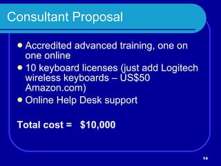 Consultant Proposal Accredited advanced training, one on one online 10 keyboard licenses (just add Logitech wireless keyboards – US$50 Amazon.com) Online Help Desk support Total cost =  $10,000 