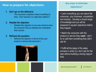 Any ways to eliminate
How to prepare for objections:                                                objections?

  1. Don’t go on the defensive
      •   The consumer’s objection means something to         • Learn everything you can about the
          them. Don’t dismiss it or make them defend it.      consumer, your business, competitors
                                                              and industry. Develop a broad range
  2. Restate the objection                                    of knowledge and you will be
      •   Restate their objection in your own words to show   prepared to squash objections before
          the consumer that you listened and understand       they happen.
          their concern.
                                                              • Match the consumer with the
  3. Reframe the question                                     product or service they need – don’t
      •   Reframe the objection in terms of how your          try to sell them something they didn’t
          product or service will overcome it.                ask for.

                                                              • Fulfill all the steps of the sales
                                                              process in order (i.e. don’t ask for the
                                                              sale without building a strong rapport
                                                              first)



                                                              Zing Consulting Group ©2011   |   www.zingcg.com
 