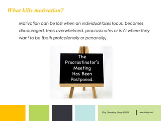 What kills motivation?

    Motivation can be lost when an individual loses focus, becomes
    discouraged, feels overwhelmed, procrastinates or isn’t where they
    want to be (both professionally or personally).




                                                Zing Consulting Group ©2011   |   www.zingcg.com
 