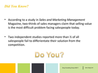 Did You Know?


• According to a study in Sales and Marketing Management
  Magazine, two-thirds of sales managers claim that selling value
  is the most difficult problem facing salespeople today.

• Two independent studies reported more than ½ of all
  salespeople fail to differientate their solution from the
  competition.




                                            Zing Consulting Group ©2011   |   www.zingcg.com
 