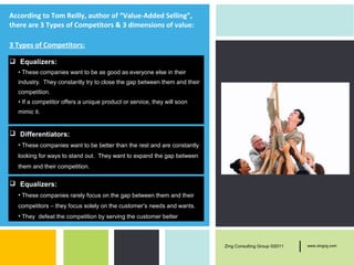 According to Tom Reilly, author of “Value-Added Selling”,
there are 3 Types of Competitors & 3 dimensions of value:

3 Types of Competitors:

 Equalizers:
  • These companies want to be as good as everyone else in their
  industry. They constantly try to close the gap between them and their
  competition.
  • If a competitor offers a unique product or service, they will soon
  mimic it.


 Differentiators:
  • These companies want to be better than the rest and are constantly
  looking for ways to stand out. They want to expand the gap between
  them and their competition.

 Equalizers:
  • These companies rarely focus on the gap between them and their
  competitors – they focus solely on the customer’s needs and wants.
  • They defeat the competition by serving the customer better




                                                                          Zing Consulting Group ©2011   |   www.zingcg.com
 