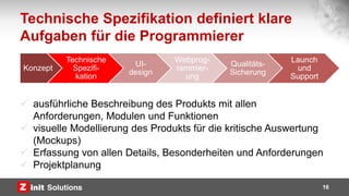 Technische Spezifikation definiert klare
Aufgaben für die Programmierer
16
 ausführliche Beschreibung des Produkts mit allen
Anforderungen, Modulen und Funktionen
 visuelle Modellierung des Produkts für die kritische Auswertung
(Mockups)
 Erfassung von allen Details, Besonderheiten und Anforderungen
 Projektplanung
Konzept
Technische
Spezifi-
kation
UI-
design
Webprog-
rammier-
ung
Qualitäts-
Sicherung
Launch
und
Support
 