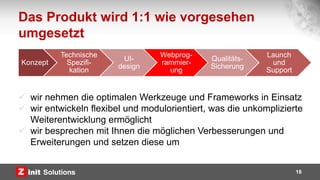 Das Produkt wird 1:1 wie vorgesehen
umgesetzt
18
 wir nehmen die optimalen Werkzeuge und Frameworks in Einsatz
 wir entwickeln flexibel und modulorientiert, was die unkomplizierte
Weiterentwicklung ermöglicht
 wir besprechen mit Ihnen die möglichen Verbesserungen und
Erweiterungen und setzen diese um
Konzept
Technische
Spezifi-
kation
UI-
design
Webprog-
rammier-
ung
Qualitäts-
Sicherung
Launch
und
Support
 