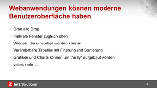 Webanwendungen können moderne
Benutzeroberfläche haben
6
 Dran and Drop
 mehrere Fenster zugleich offen
 Widgets, die umsortiert werden können
 Veränderbare Tabellen mit Filterung und Sortierung
 Grafiken und Charts können „on the fly“ aufgebaut werden
 vieles mehr …
 