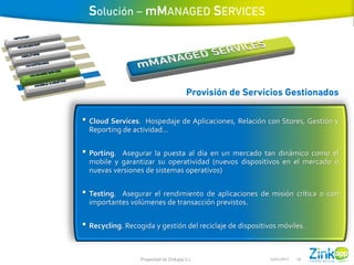 • Cloud Services.  Hospedaje de Aplicaciones, Relación con Stores, Gestión y
  Reporting de actividad…


• Porting.  Asegurar la puesta al día en un mercado tan dinámico como el
  mobile y garantizar su operatividad (nuevos dispositivos en el mercado o
  nuevas versiones de sistemas operativos)


• Testing. Asegurar el rendimiento de aplicaciones de misión crítica o con
  importantes volúmenes de transacción previstos.


• Recycling. Recogida y gestión del reciclaje de dispositivos móviles.

                  Propiedad de Zinkapp S.L.               16/01/2013   18
 